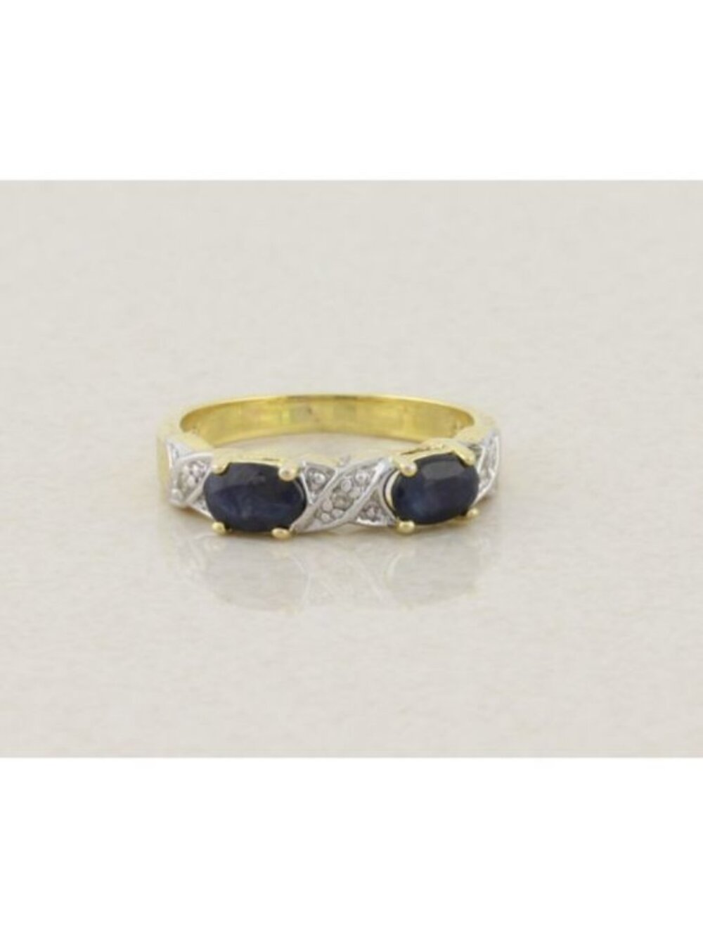 18k Gold Over Sterling Silver Natural Blue Sapphire and Diamond Band Ring Size 7